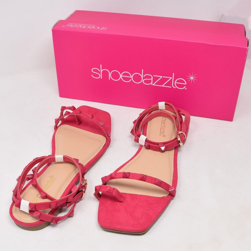 Shoe Dazzle Flat Sandals Worth The Hype Hot Pink 7.5 Studs Strappy New Toe Loop